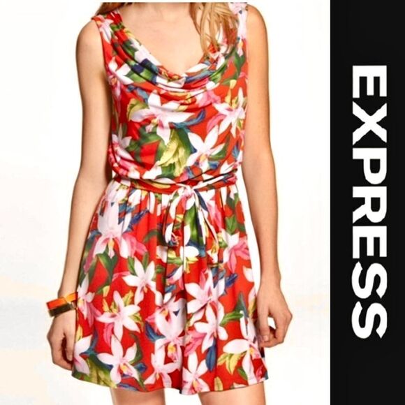 Express Tropical Floral Belted Mini Dress - Picture 1 of 5